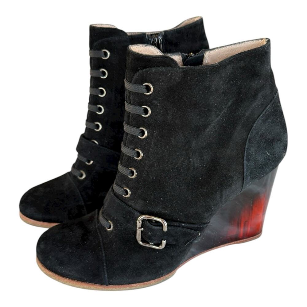 Rebecca Sanver Black Suede Booties Sz 6.5  Amber Lucite‎ Heels Anthropologie EUC